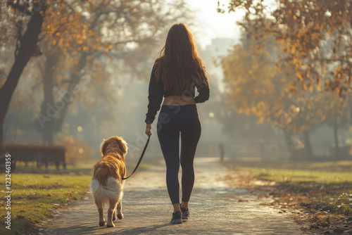 Woman dog walking park path backdrop