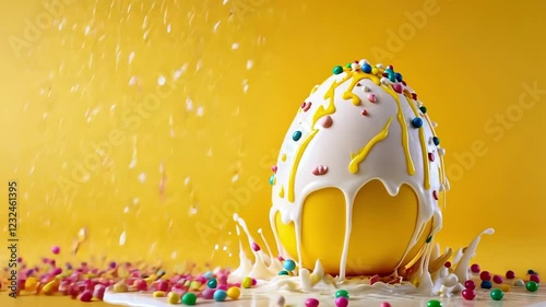 Colorful easter egg with dripping icing and sprinkles on yellow background
