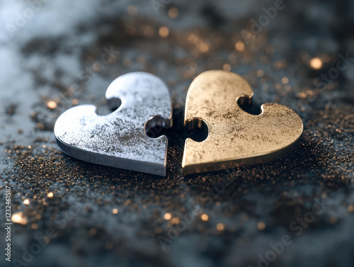 Two halves of a heart shaped puzzle forming a perfect match, symbolizing love and connection
