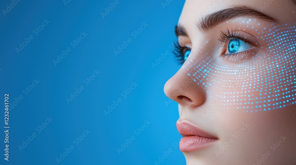 Fototapeta premium Futuristic Woman Portrait with Digital Effects on Bright Blue Background
