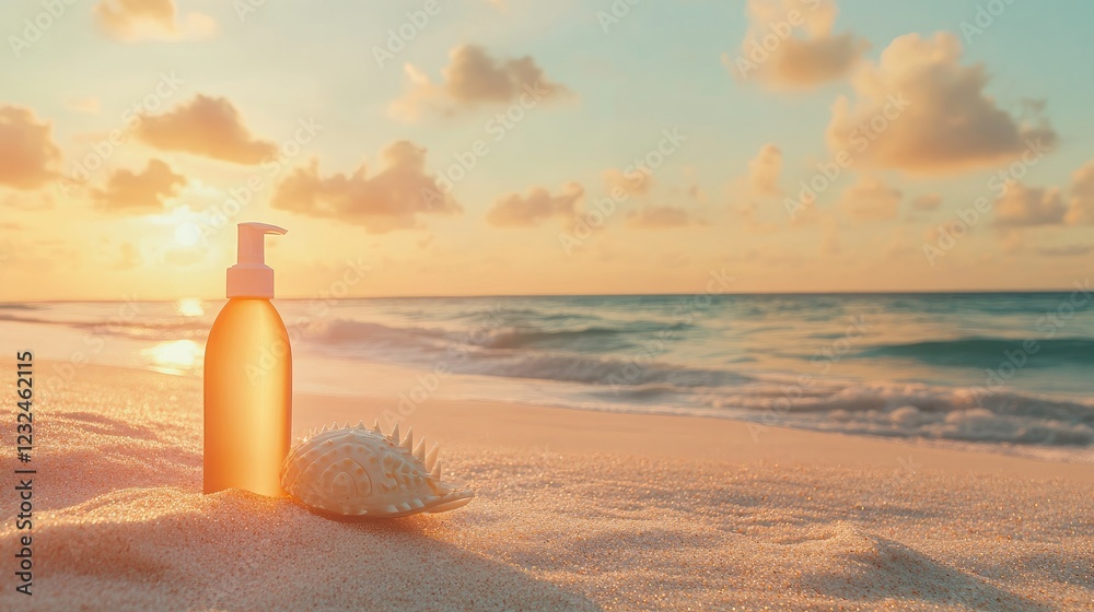 Sunlit Beach Scene with Lotion Bottle and Seashell at Dusk Sunlit Beach Scene with Lotion Bottle and Seashell at Dusk
