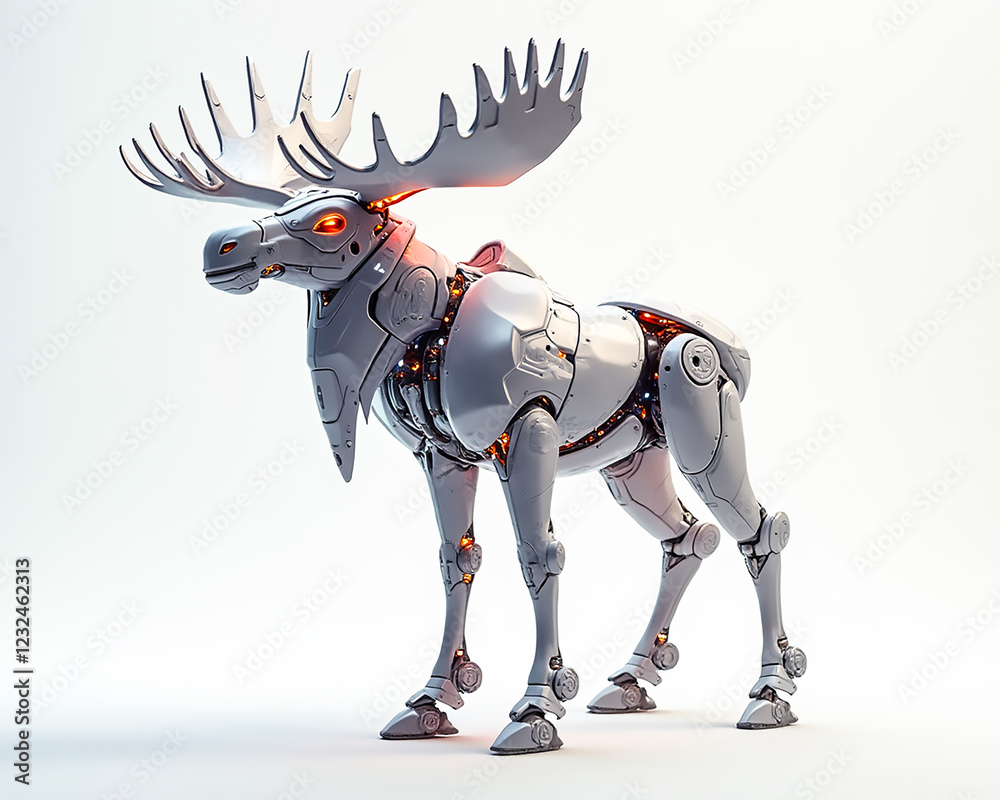 A metallic moose figure showcases advanced robotics with glowing eyes and joints. The design blends nature with technology in a striking, modern aesthetic. A metallic moose figure showcases advanced robotics with glowing eyes and joints. The design blends nature with technology in a striking, modern aesthetic.