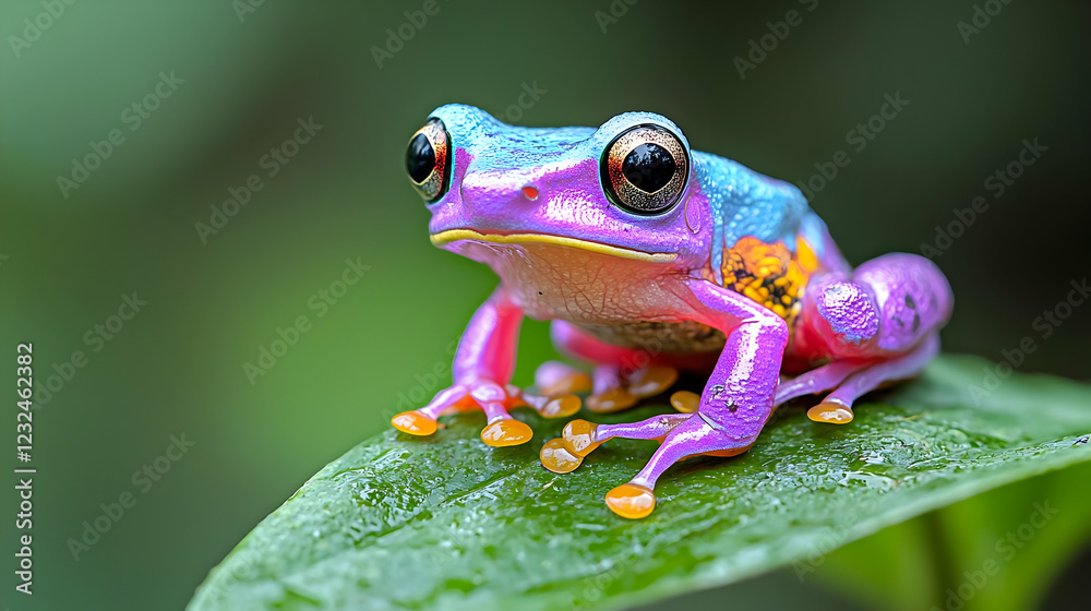 Obraz premium Vibrant frog on leaf, rainforest backdrop, nature photography