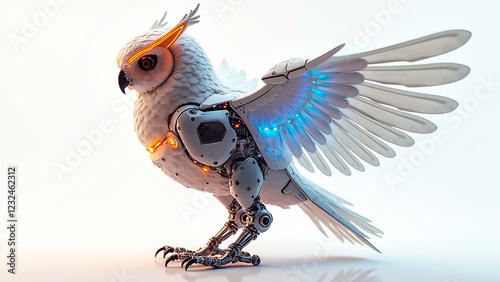 A robotic owl stands proudly with detailed feathers and glowing lights. Its mechanical structure highlights the blend of technology and nature, captivating viewers with its innovative design.