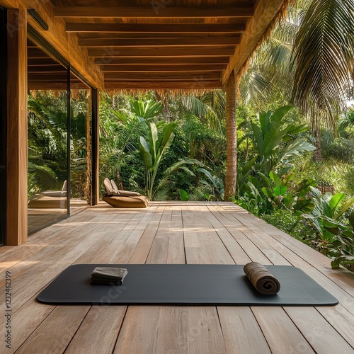 Forest retreats offer travel wellness getaways for ultimate relaxation. Cozy outdoor yoga space surrounded by lush greenery. photo
