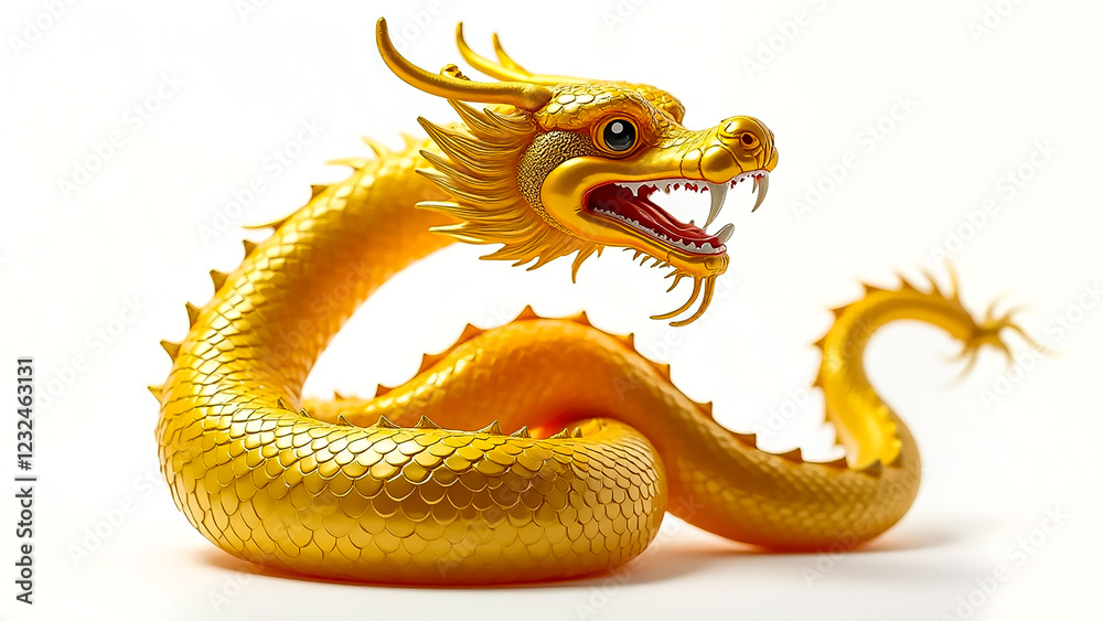 Fototapeta premium A striking golden dragon sculpture showcases intricate scales and sharp features, capturing attention with its vivid colors and dynamic expression. Perfect for art enthusiasts.