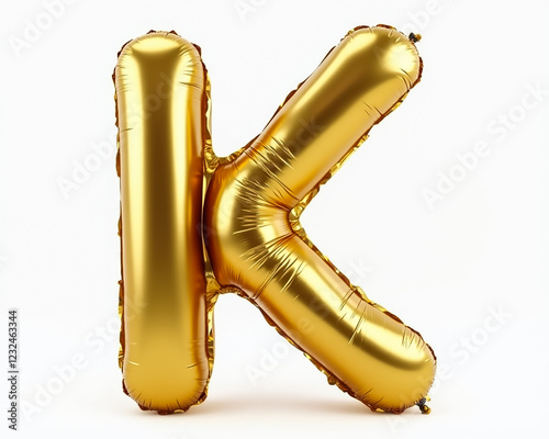 A large gold balloon shaped like the letter K is positioned upright against a simple white background. The shiny texture catches the light, creating reflections.