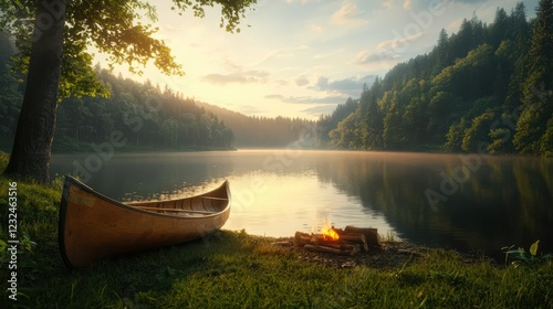 Serene sunrise canoe lake scene