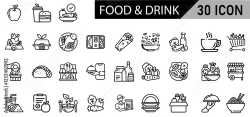 Minimalist Food & Drink Icon Pack | 30 Outline Vector Icons, Editable stroke. 