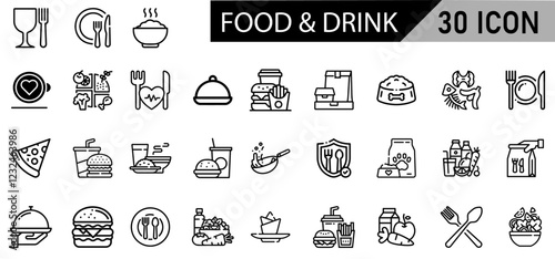 Minimalist Food & Drink Icon Pack | 30 Outline Vector Icons, Editable stroke. 