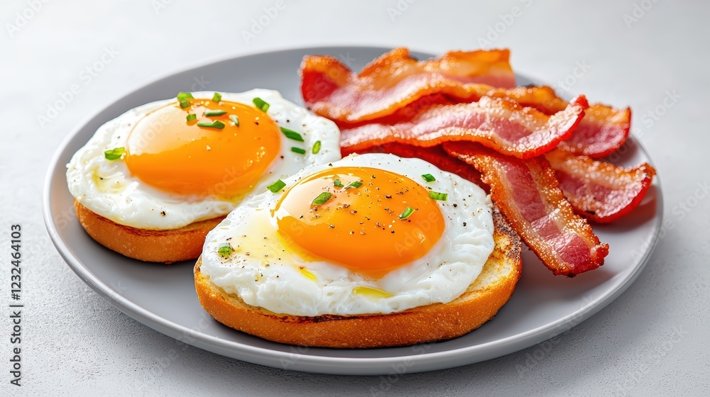 Delicious Breakfast with Eggs and Crispy Bacon on a Gray Plate Delicious Breakfast with Eggs and Crispy Bacon on a Gray Plate
