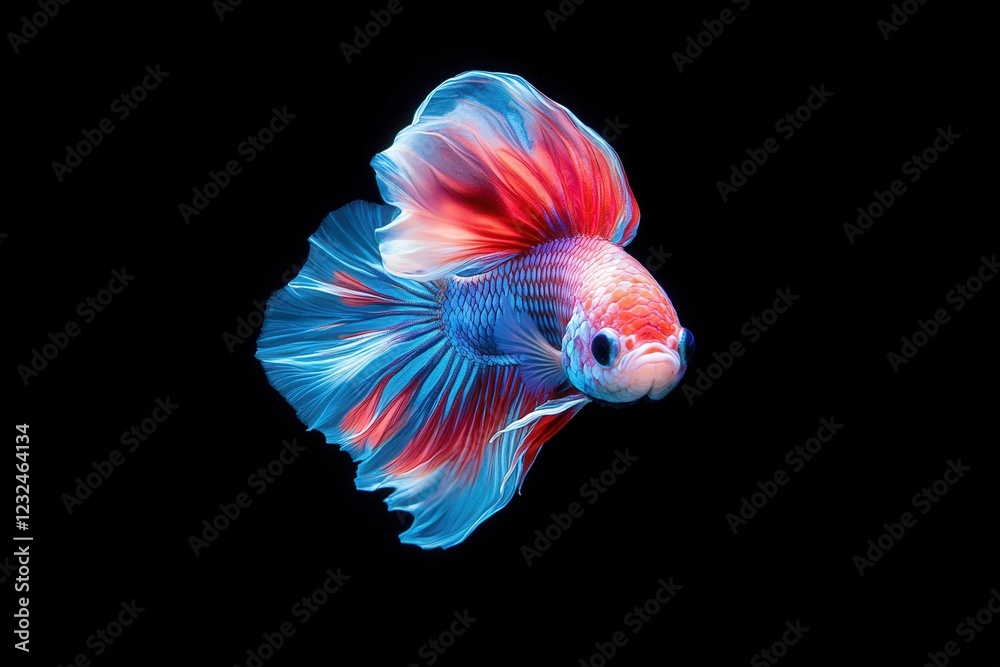 Fototapeta premium A close-up shot of a vibrant betta fish in bright red and blue, its flowing fins resembling delicate silk as it swims in clear water