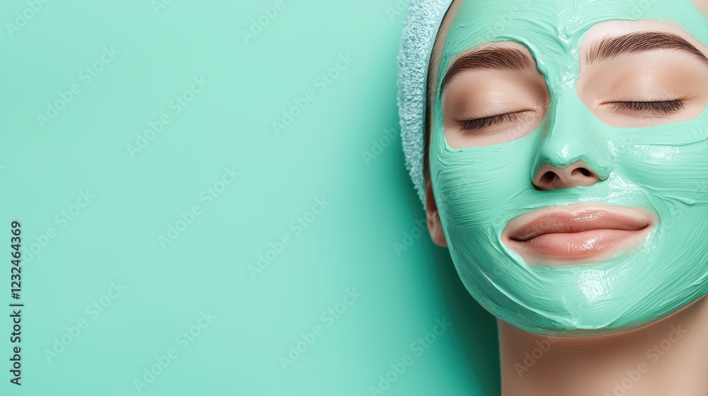 Woman Enjoying a Refreshing Facial Mask on a Mint Green Background Woman Enjoying a Refreshing Facial Mask on a Mint Green Background