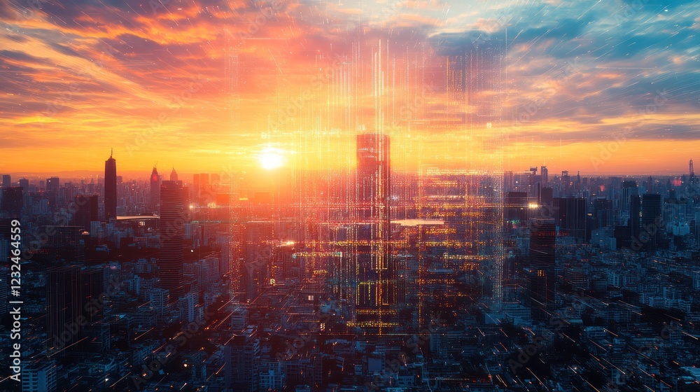 Fototapeta premium Sunrise Metropolis: A Digital Dawn