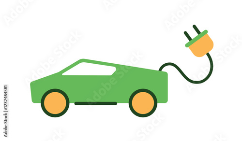 Green electric car with charging cable and plug.