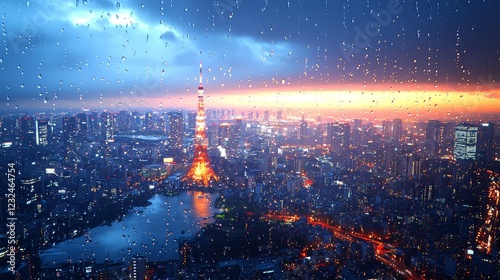 Raindescends slowly over the window, obfuscating the image of the cityscape photo