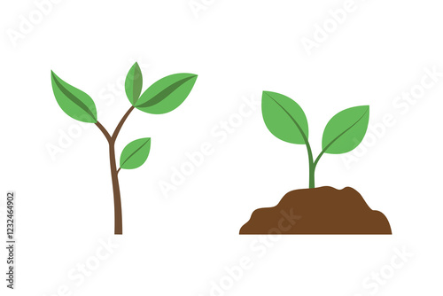 Illustration of two sprouts: one with a brown stem, the other with the ground, green leaves on a white background.