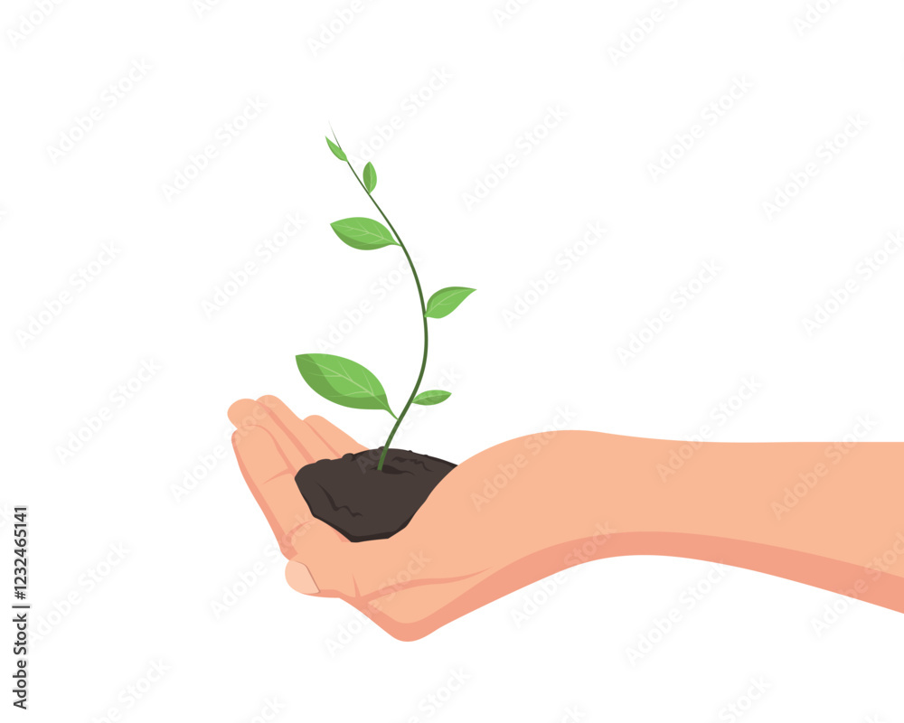 Sapling in hand with earth, the concept of growth, care for nature, isolated on a white background. Sapling in hand with earth, the concept of growth, care for nature, isolated on a white background.