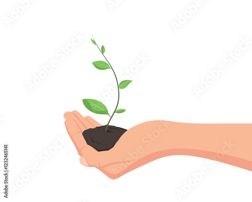 Sapling in hand with earth, the concept of growth, care for nature, isolated on a white background.