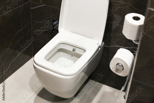 Obraz na płótnie Hotel bathroom with a modern white toilet and toilet paper. Clean and minimalist restroom interior with ceramic surfaces. Simple and elegant sanitary design in a contemporary hospitality setting. w salonie
