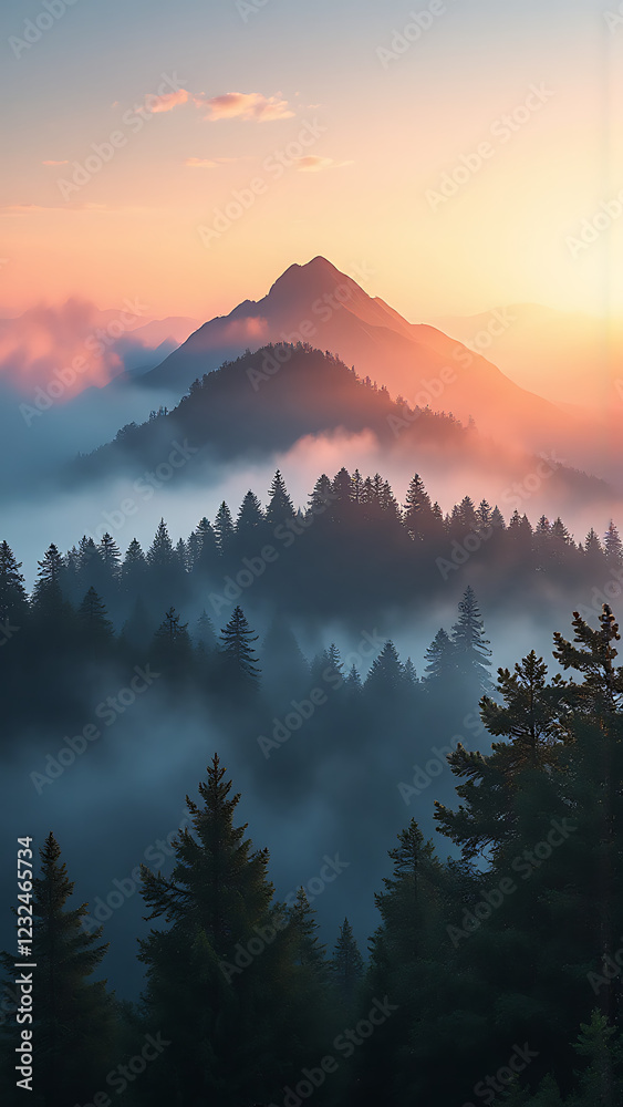 Obraz premium Sunrise over Fog-Shrouded Mountain and Forest Landscape