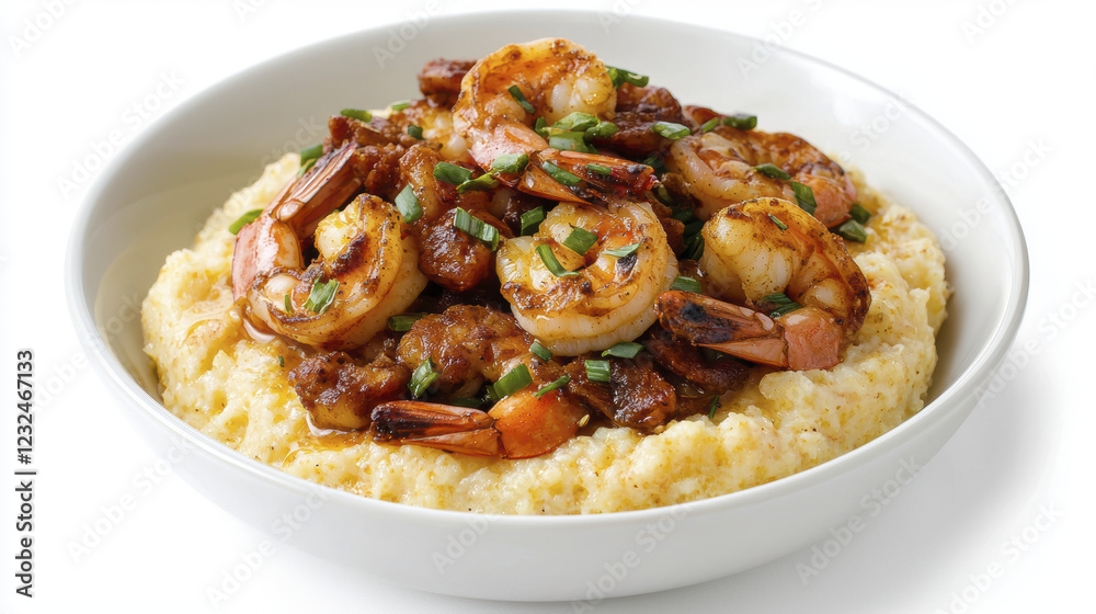 Delicious shrimp and grits served in bowl, topped with green onions and savory sauce. comforting and flavorful dish perfect for any meal Delicious shrimp and grits served in bowl, topped with green onions and savory sauce. comforting and flavorful dish perfect for any meal