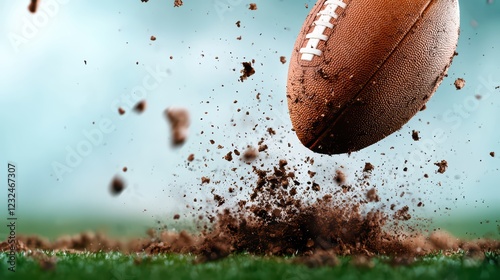 Football Flying Through Air with Dust and Grass Flying Upward
