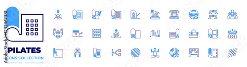 Pilates icon collection. Bold line style. Duotone colors. pilates ball, meditation, yoga mat, springboard, mat, hand grip, pilates chair, yoga, ball, ladder barrel