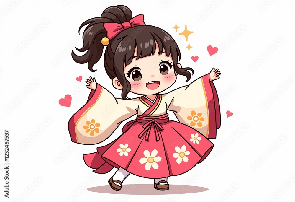Fototapeta premium Simple Line Hanfu Girl Vector, Dancing, Chibi Anime Style, Happy Expression, Peach Blossom Skirt, Pink Gold, Flat Colors, White BG, Childlike Warmth, Cute Illustration.