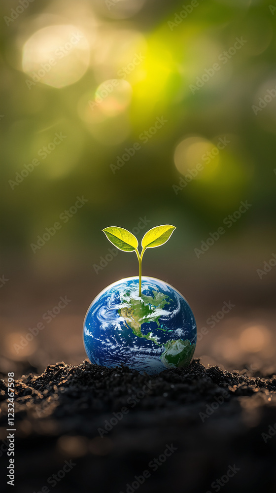 Small sprout growing on an Earth globe placed in fertile soil with a soft green background. Concept of environmental growth, sustainability, and nurturing the planet. Small sprout growing on an Earth globe placed in fertile soil with a soft green background. Concept of environmental growth, sustainability, and nurturing the planet.