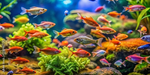 Chromobotia Macracanthus & Pethia Conchonius Feeding in Aquarium, Tilt-Shift Miniature Fish Tank Scene photo