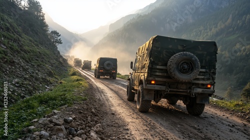 Dramatic Scene of Military Convoy in Mountain Pass with Morning Rays