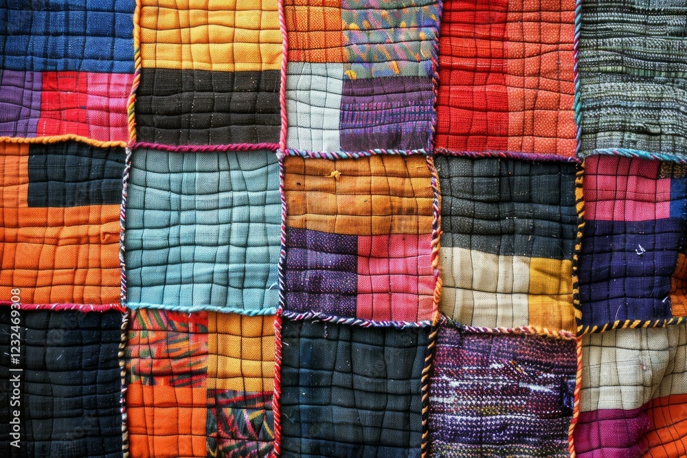 Close up of a vibrant patchwork quilt, highlighting the intricate stitching and diverse fabrics Close up of a vibrant patchwork quilt, highlighting the intricate stitching and diverse fabrics
