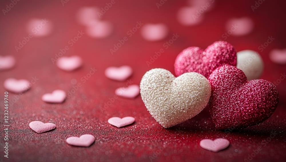 Fototapeta premium Heart-shaped sponges and confetti on a red background, conveying love and romance for Valentine's Day and related events