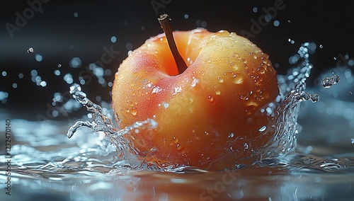 The beauty of slow-motion photography is elegantly captured in a still-life of a water-splashed peach