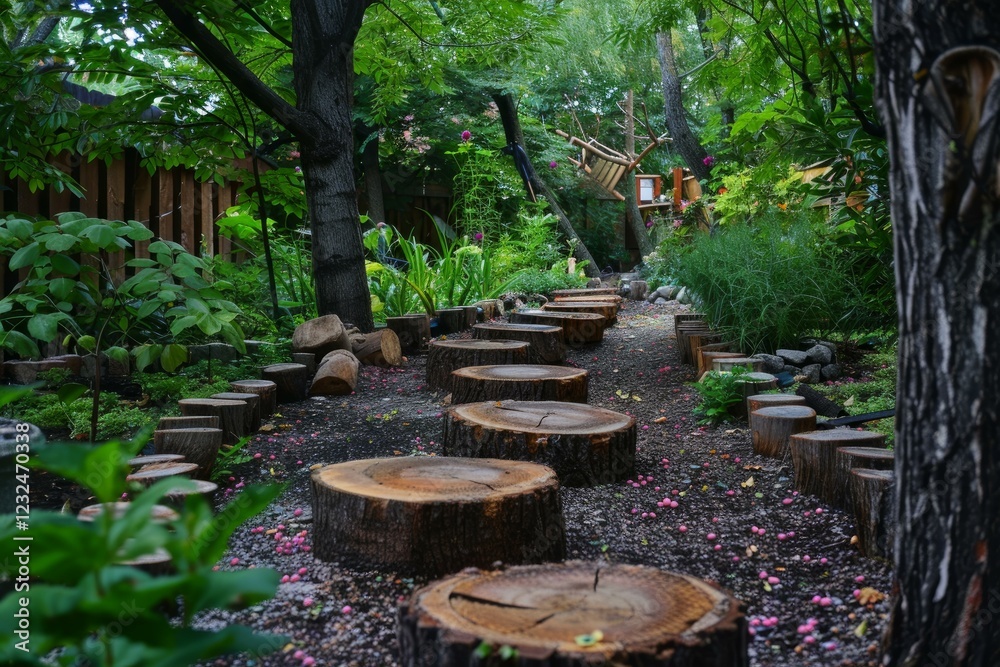 Tree stump stepping stones creating a winding path through a vibrant green garden filled with plants and trees Tree stump stepping stones creating a winding path through a vibrant green garden filled with plants and trees
