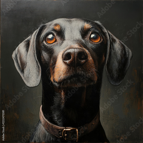 portrait of a black and brown dog, painting, dog looking sad