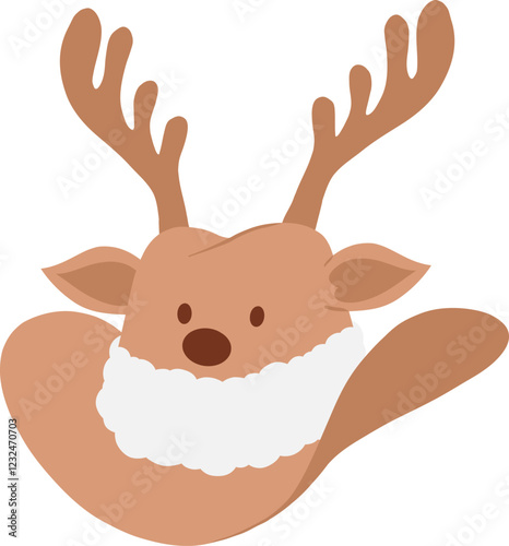 Christmas cowboy hat with reindeer antlers, nose, ears, eyes and white fluffy fur trim hand drawn flat design illustration