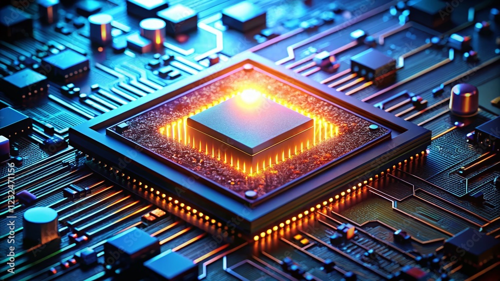 Close-up Glowing Microchip on Circuit Board - Minimalist Tech Stock Photo Close-up Glowing Microchip on Circuit Board - Minimalist Tech Stock Photo
