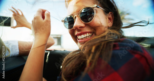 Fotografi Happy, women and sunglasses in convertible for road trip adventure, travel break and breeze outdoor