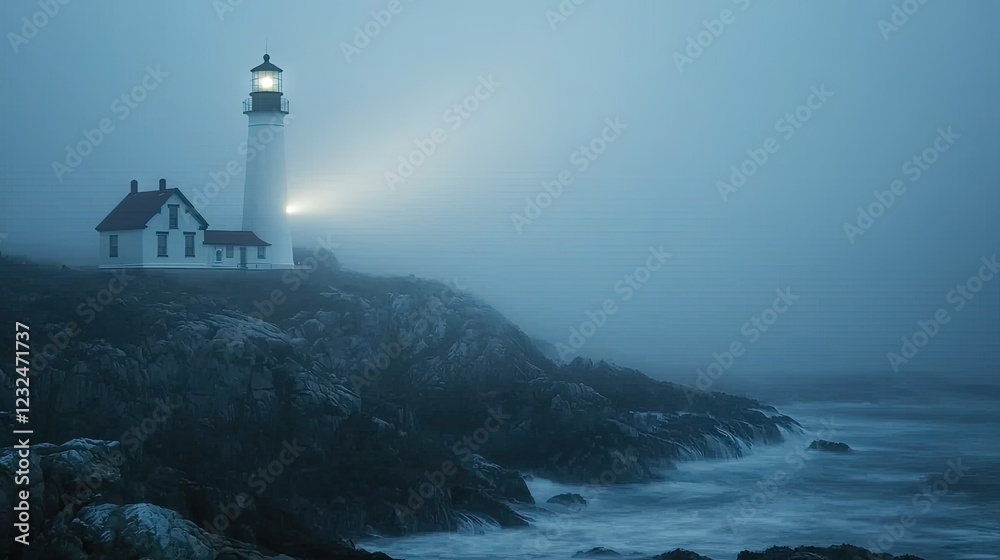 A lighthouse beam piercing through thick fog, illuminating the rocky shoreline. A lighthouse beam piercing through thick fog, illuminating the rocky shoreline.