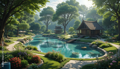 A Fantustic Realistic Landscape Architecture Design with a Charming Cottage and Serene Water Features