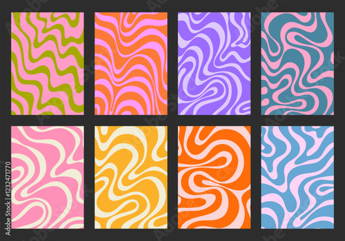 Set Of Groovy Posters Vector Design. Collection Of Wavy Y2k Textures. Trippy Abstract Geometric Backgrounds.