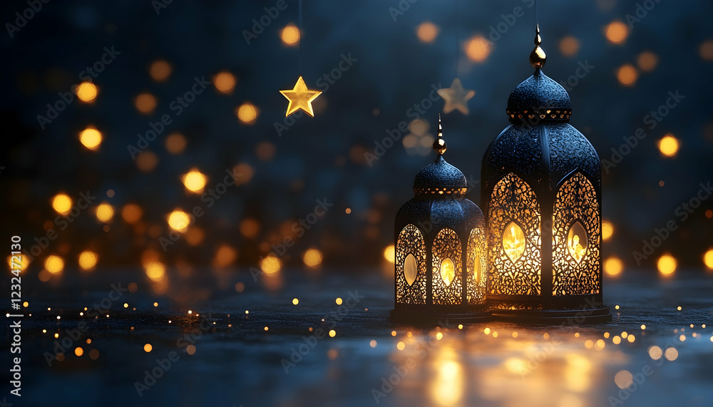 Obraz premium 3D Illustration Ornate Lanterns, Stars, and Bokeh Lights Background