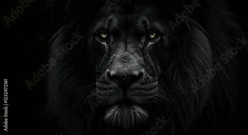 A striking black lion stares intensely with glowing yellow eyes. Its dark mane blends into the shadows, exuding mystery, power, and an aura of dominance in the darkness. photo