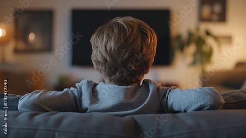 Rear view of a young boy relaxing on a couch, watching television in a dimly lit living room. Warm lighting, comfortable setting
