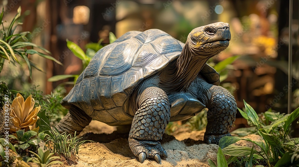 Naklejka premium A slow-moving tortoise crawls on the floor, covered in a sturdy shell and wielding short, slow legs