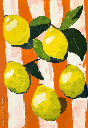 Lemons on a striped orange background, a simple children's drawing with simple shapes
