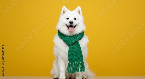 A happy white fluffy dog wearing a green knitted scarf sits against a vibrant yellow background, smiling cheerfully. photo