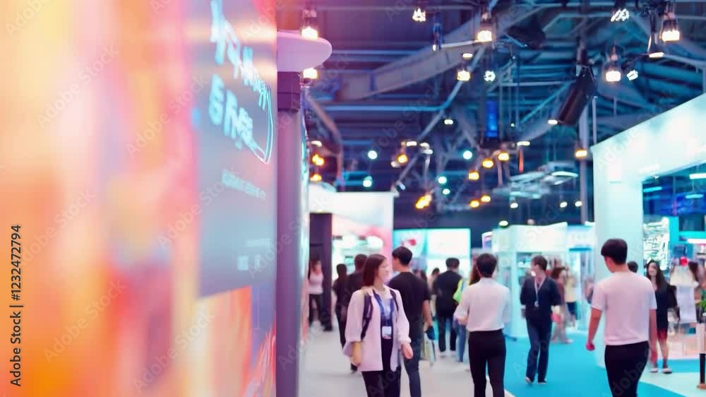 A dynamic exhibition with people socialising and looking at exhibits. Suitable for advertising business events, presentations and conferences.
